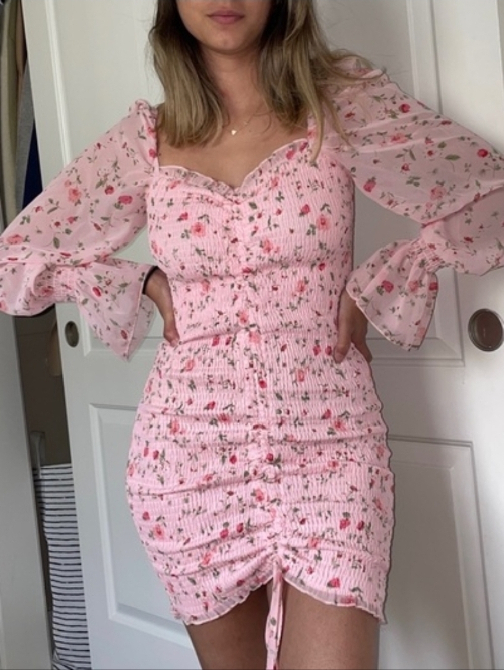 Princess Polly Romantic Floral Smocked Bodycon Mini Dress - Pink - Size 4